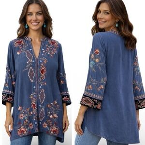 Johnny Was Chrysalis embroidered silk tunic blouse with velvet cuffs NWT